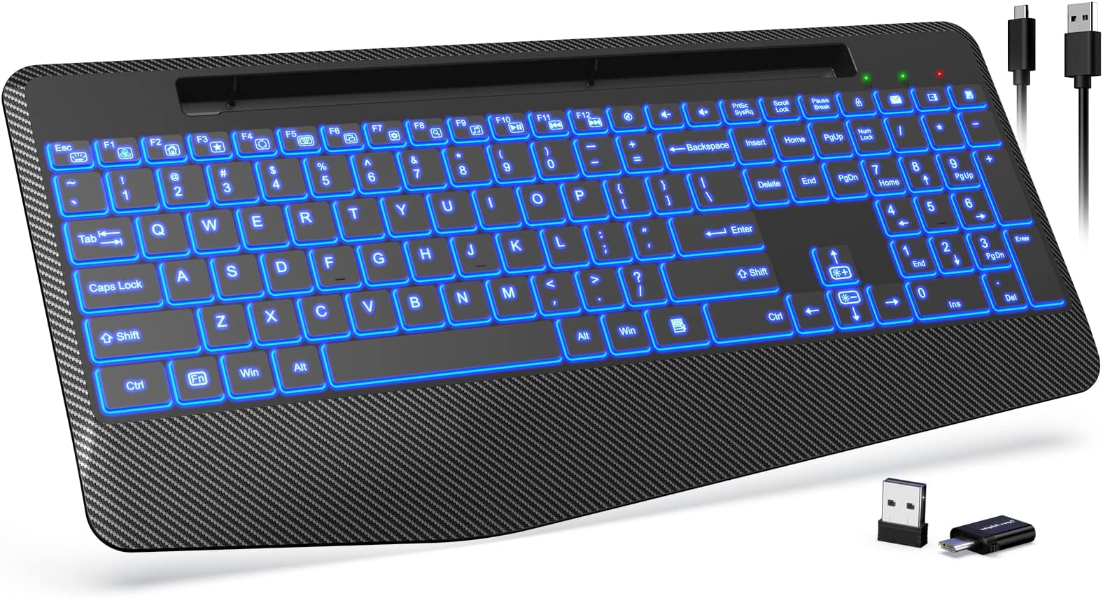 Trueque Wireless Keyboard with 7 Colored Backlits, Wrist Rest, Phone Holder - Rechargeable Ergonomic Silent Light Up Keyboard for Computer, Mac, PC, Laptop, Chromebook