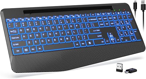 Teclado inalámbrico con retroiluminación de 7 colores, reposamuñecas, soporte para teléfono, teclado ergonómico recargable con teclas silenciosas,