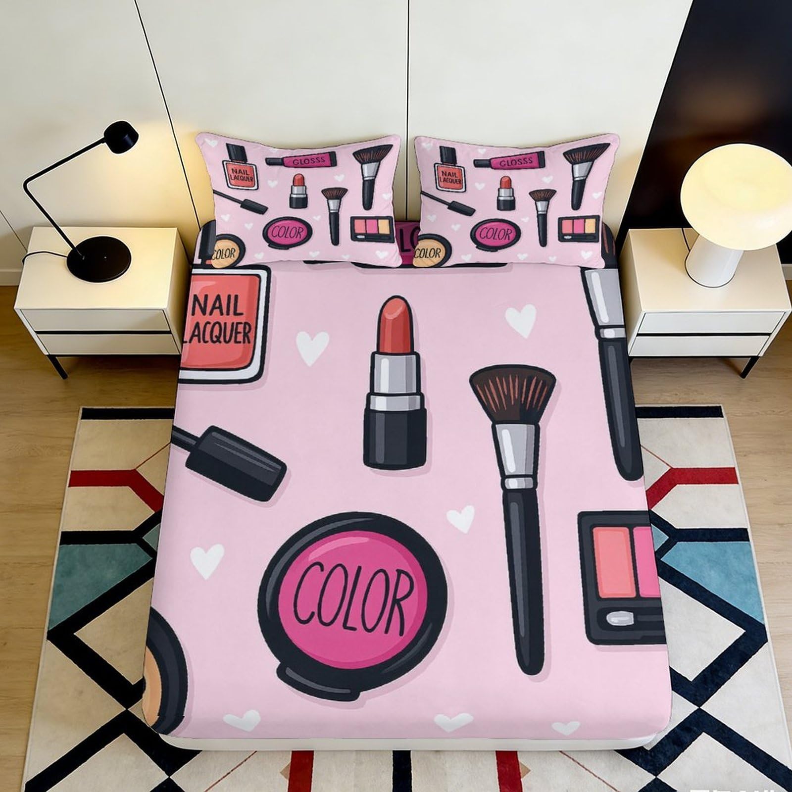 3D Printed Makeup Pink Fitted Sheet Microfiber Soft Bedroom Decor Cosmetic Pattern Mattress Cover for Home Dorm 90x200x25cm