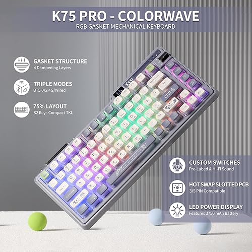 Miniatura 2 de Teclado mecánico K75 PRO RGB 75% de junta inalámbrica, triple modo BT 5.02.4GUSB-C 82 teclas teclado para juegos intercambiable en caliente con