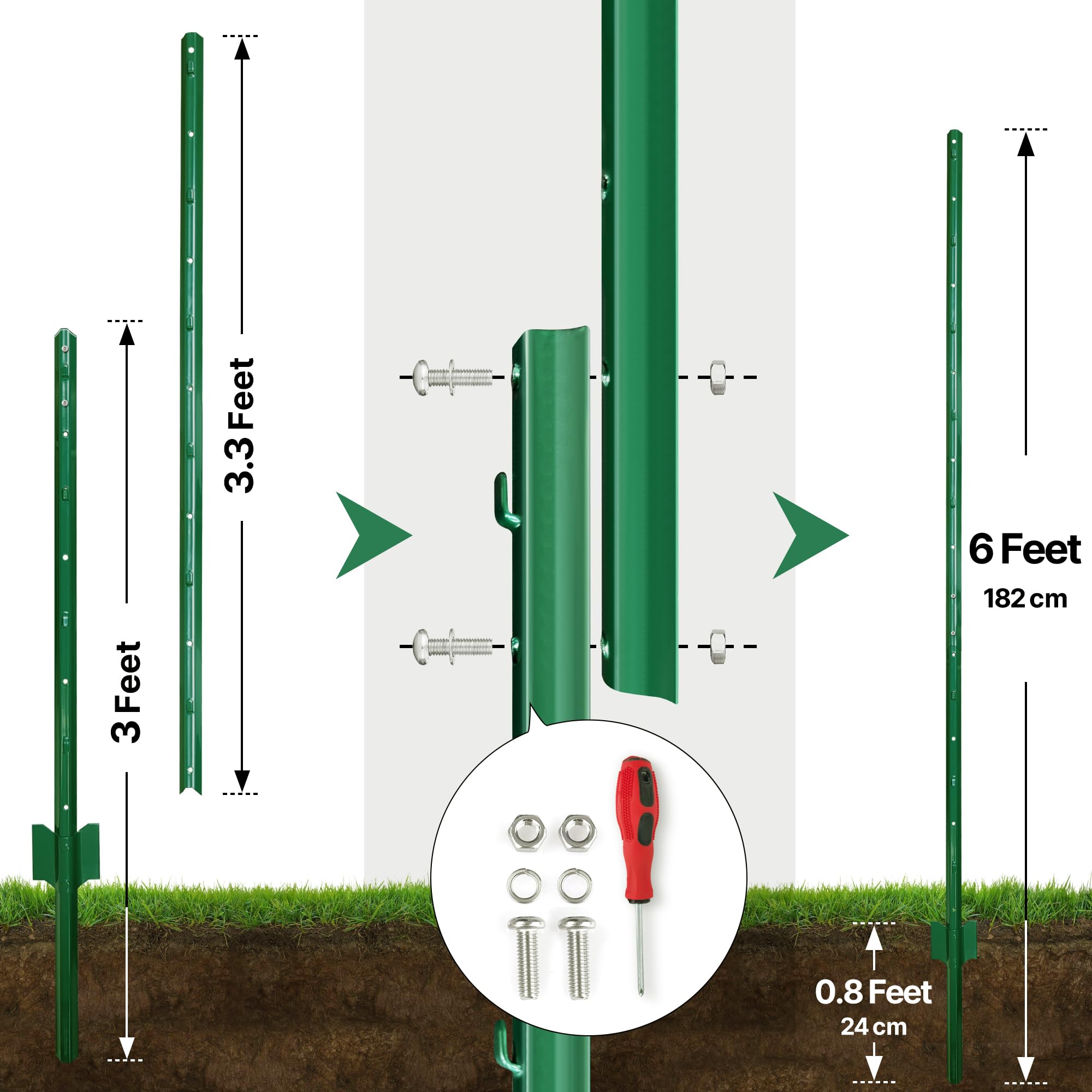Thealyn Fence Posts 6 ft / 182 cm, Pack of 10 - for 5 ft Wire Fence Mesh, Metal Post with U-Channel, Steel Poles U Post for Garden Wire Mesh Poles for Chicken Wire Mesh — view 2