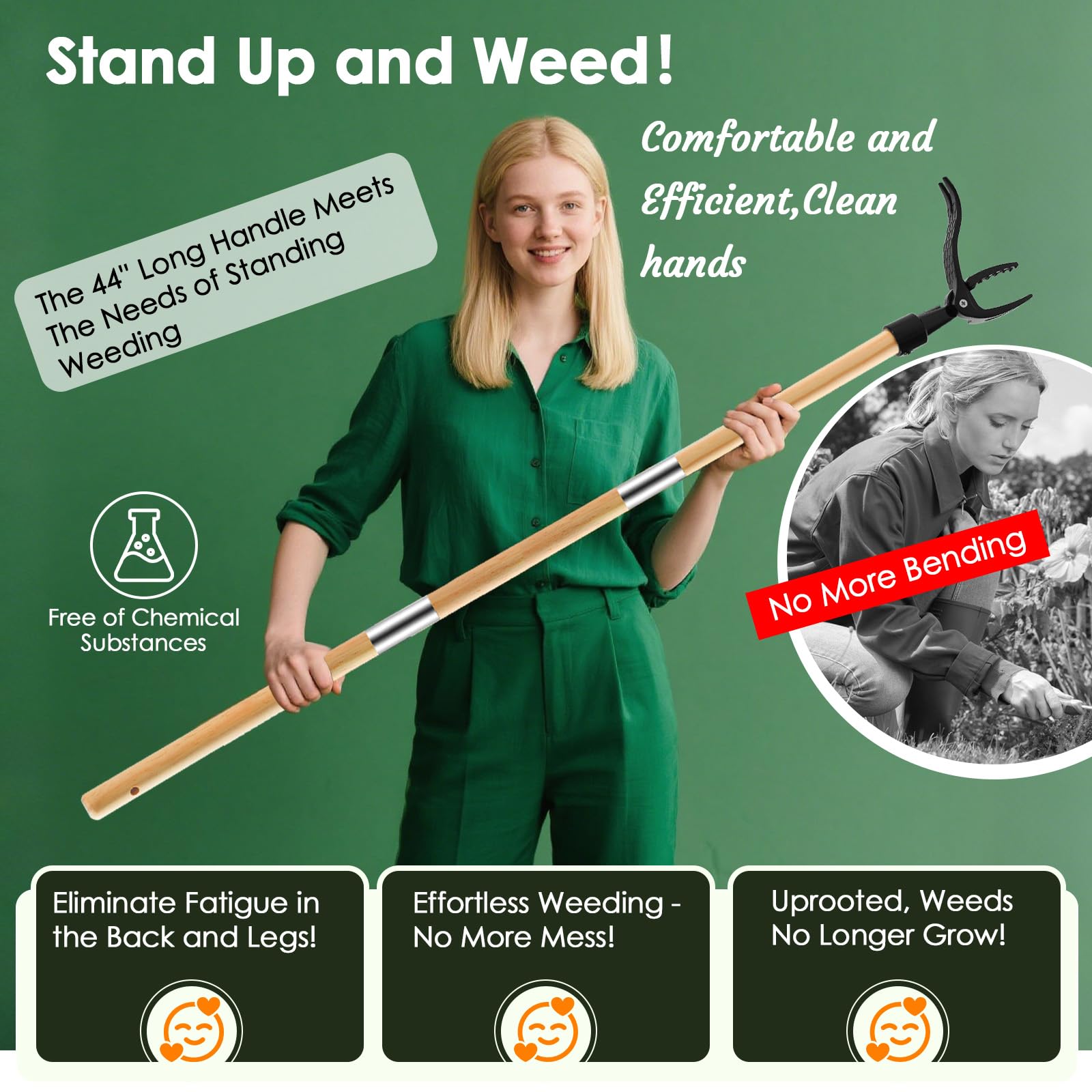Detachable Stand Up Weed Puller Tool with Long Handle, Dandelion Weed Puller Tool Stand Up Heavy Duty, Outil d'élimination de Mauvaises Herbes de Jardin Long poignée (Bois 44in)