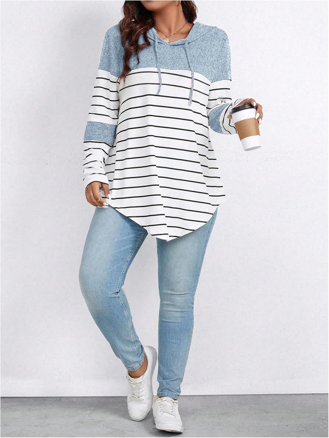 SOLY HUX Women's Plus Size Striped T Shirt Long Sleeve Hooded Tee Color Block Tunic Tops Fall Clothes - Image 5