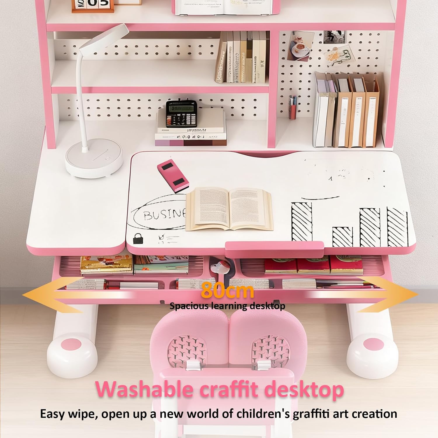Kids Functional Desk and Chair Set - Ergonomic Height Adjustable Art Desk for Bedroom with Tiltable Desktop, Book Stand, Reading Rack & Storage Drawer for Children Boys & Girls (013Pink)