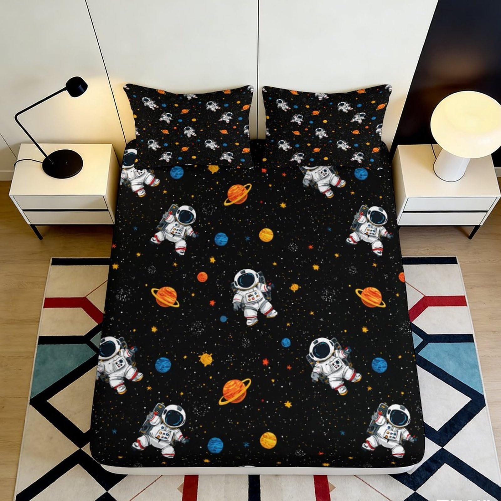 3D Printed Space Astronaut Fitted Sheet Microfiber Deep Pocket Bedroom Bedding Set Space Mattress Fitted Cover Breathable Washable 180x200x25cm