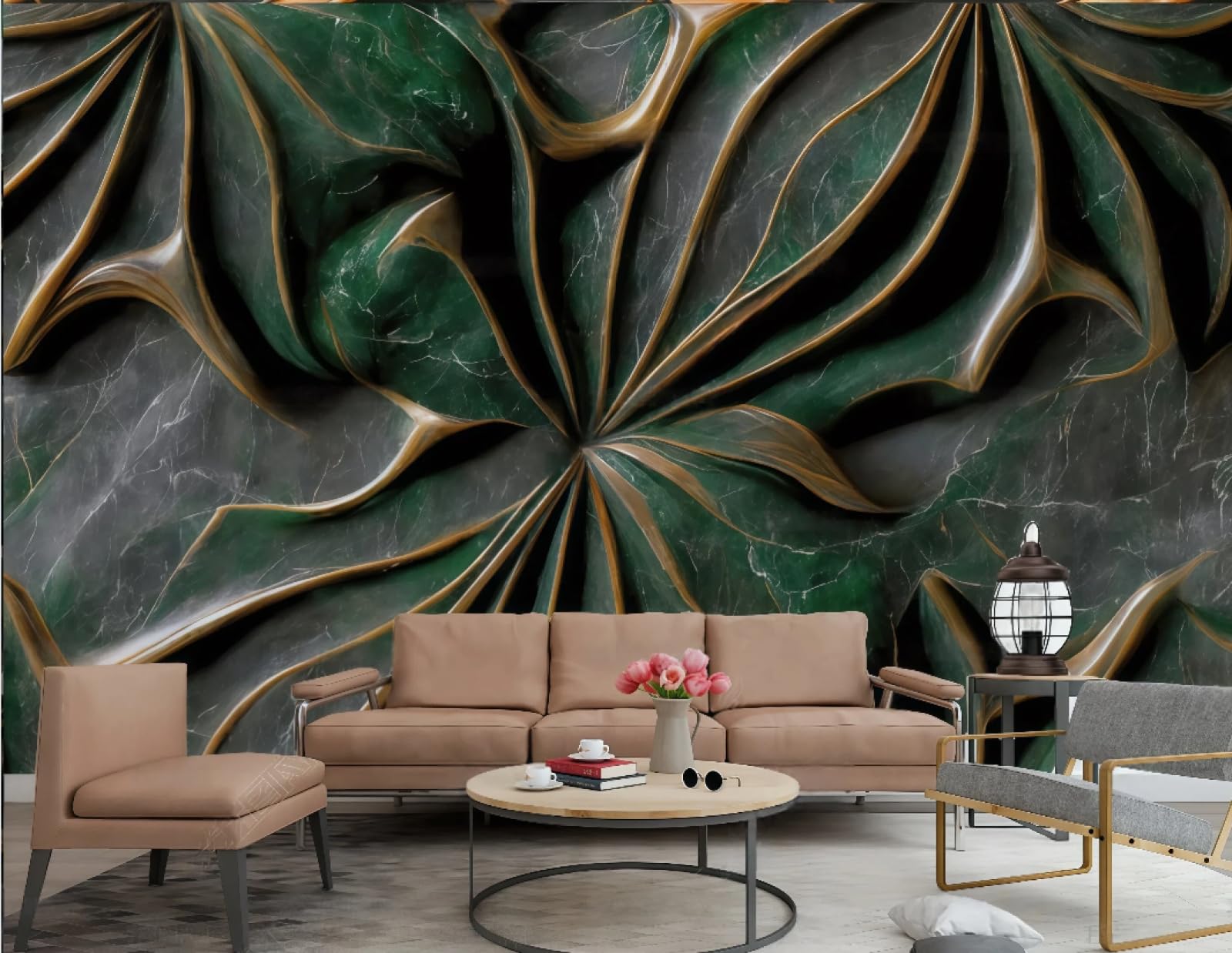 Trójwymiarowa tapeta Skała Miedź Kwiat Wytłoczony Abstrakcyjny Zielony Szmaragdowy Wzór Marmur TV Sofa Tło Tapeta Mural Salon Restauracja Kawiarnia, 3D, 250x175cm