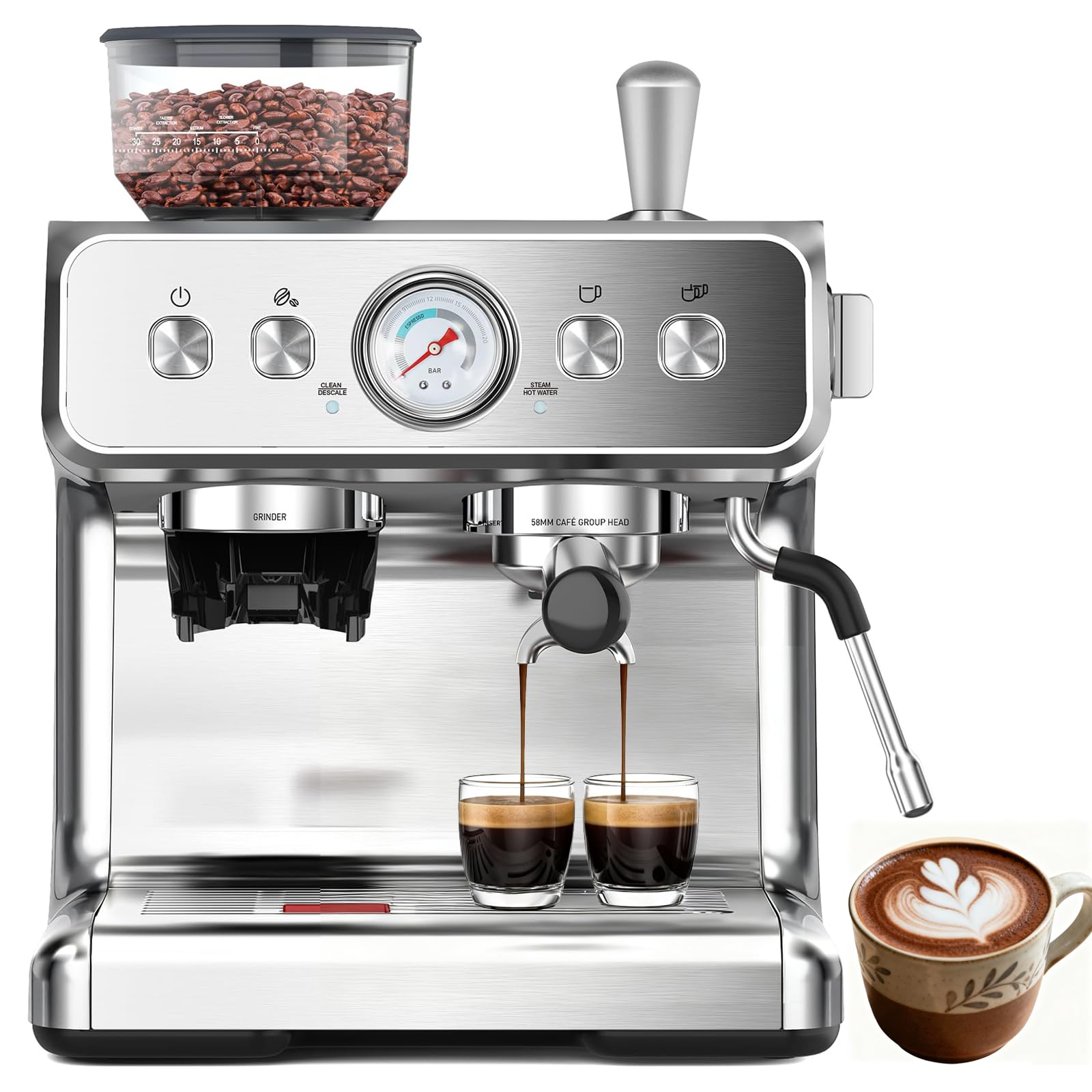 20 Bar Espresso Machine with Grinder Milk Frother Steam Wand 58mm Expresso Coffee machines Stainless Steel Coffee Maker