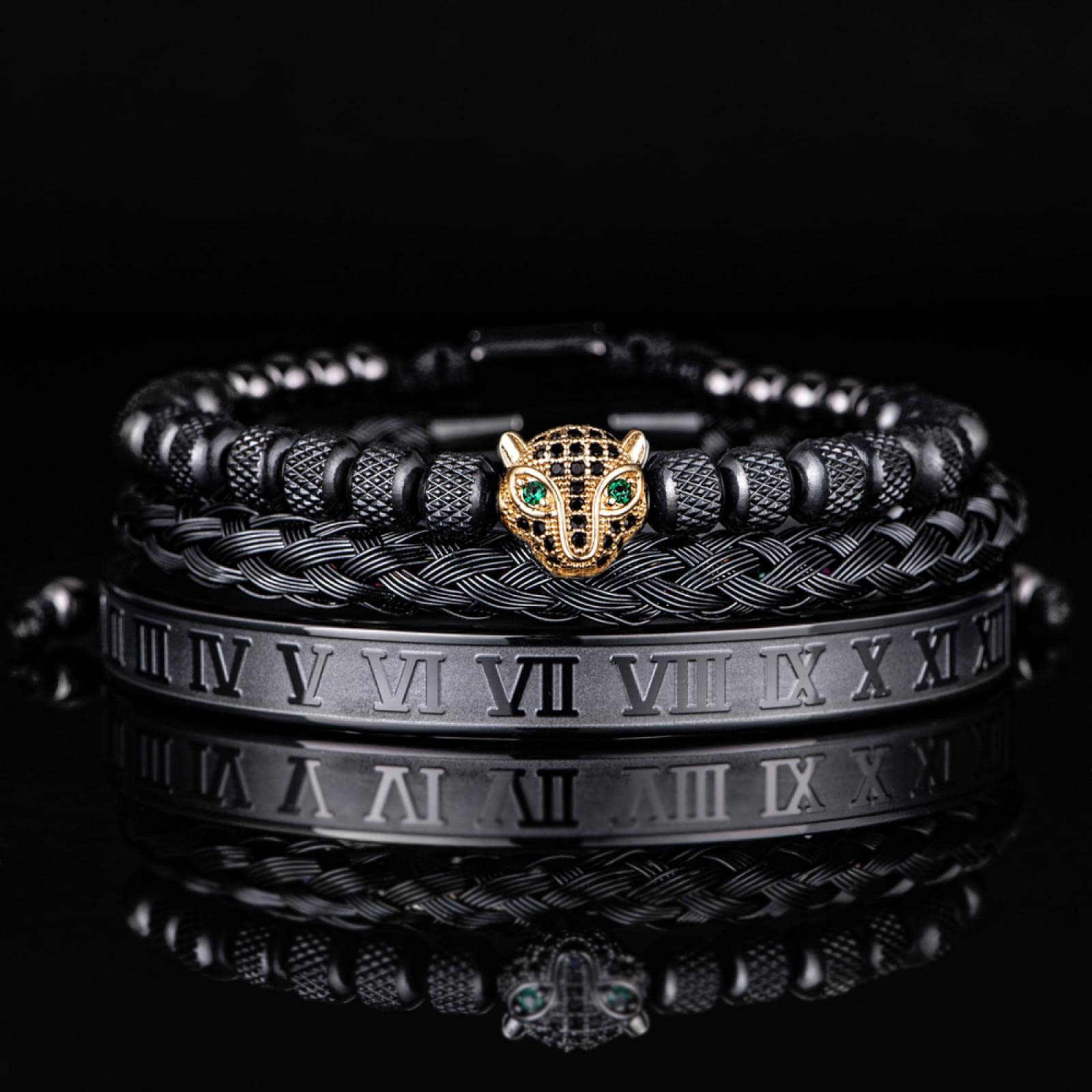 Armband Herren Armbänder Armreif Damen Männer Geschenk 3 Teile/Satz Klassische Handgemachte Flechten Armband Hip Hop Männer Pflastern Cz Leopard Kopf Römische Ziffer Armband