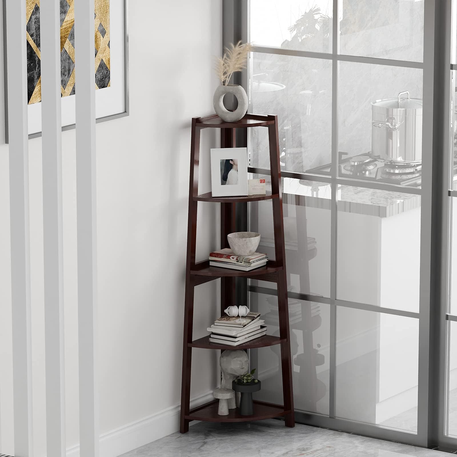 VIVIJASON5 Tier Corner Shelf – Modern Wall Corner Storage Rack Plant Stand Small Bookshelf - Freestanding Ladder Shelf Display Organizer for Living Room, Kitchen, Home Office, Small Space (Coffee)