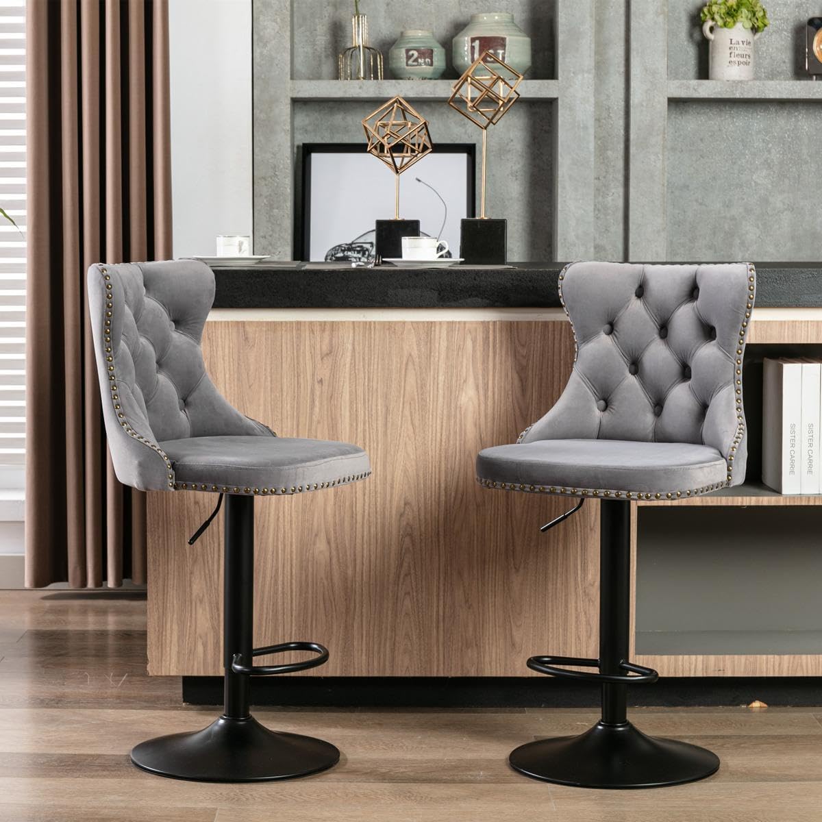 2 Pieces Bar Stools, Kitchen Island Barstools, 25-33 inch Adjustable Bar Height Stool Chairs with Comfortable Tufted Back Silver Chrome Metal Base for Home Kitchen Island Pub, Grey