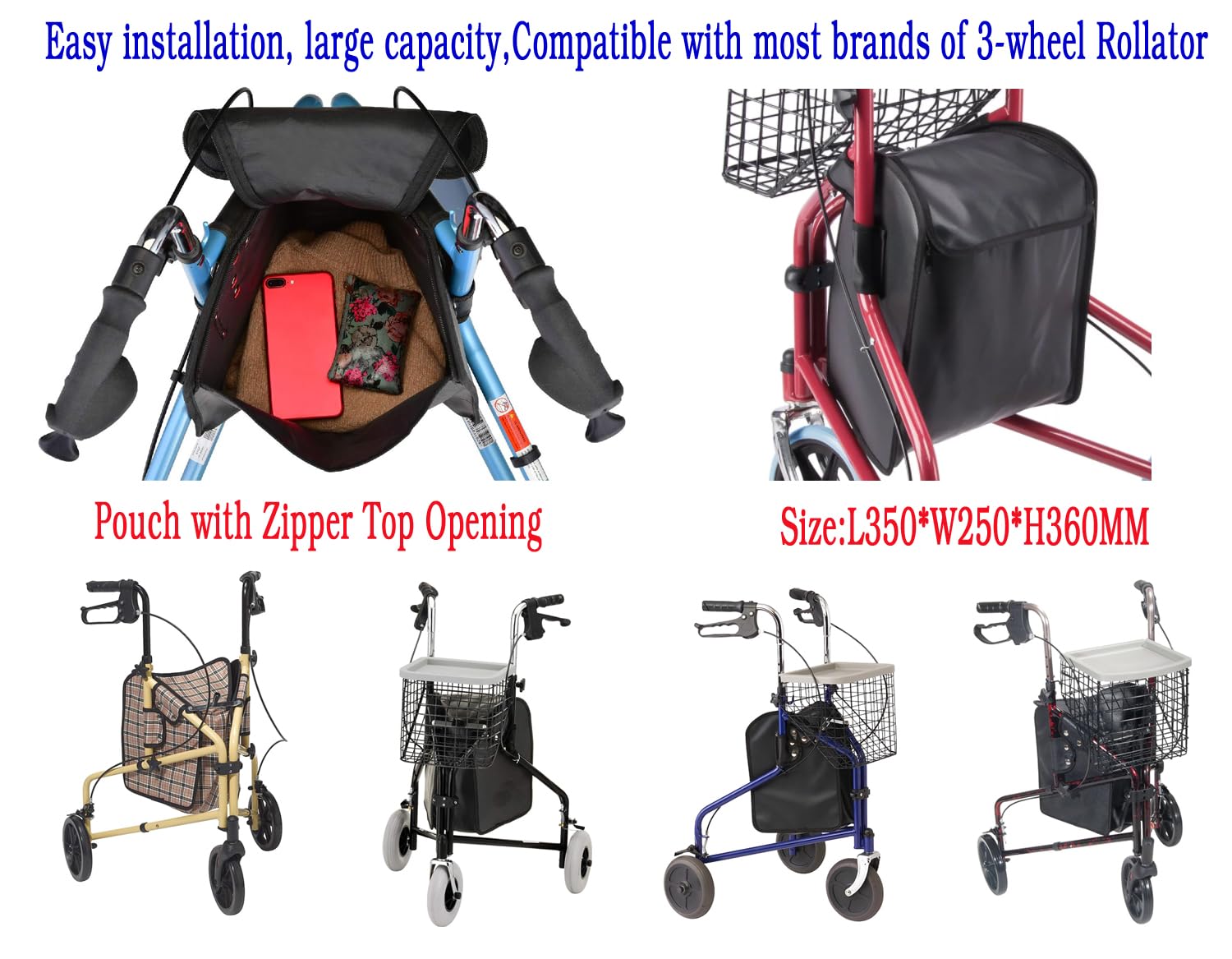 Bolsa de almacenamiento de 3 ruedas, bolsa para andador de 3 ruedas, bolsa para andador de 3 ruedas, bolsa de 3 ruedas, bolsa de mano con broches, pieza de repuesto universal de 3 ruedas (1 Ea, negro)