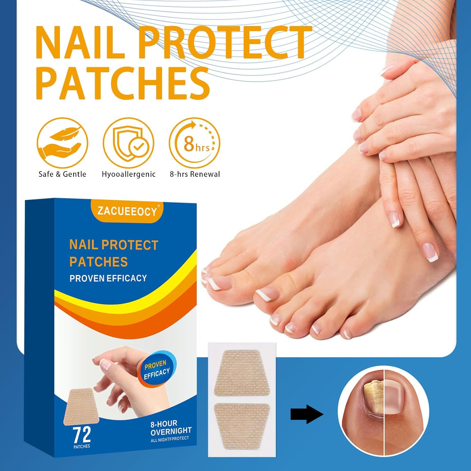 72PCS Nail Treatment Patches for Toenail and Fingernails, Nail Repair Patches Extra Strength 8-Hours Overnight Care and Repair for Damaged Nails for Men and Women - Image 3