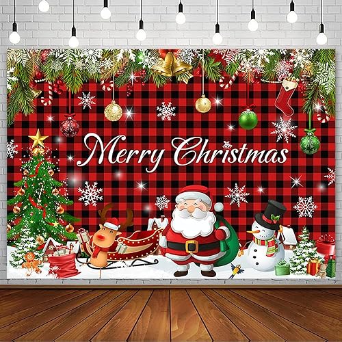 AIBIIN Telón de fondo de Navidad a cuadros de búfalo de 7 x 5 pies, decoración de fiesta de Feliz Navidad, árbol de Navidad, rojo y negro, a