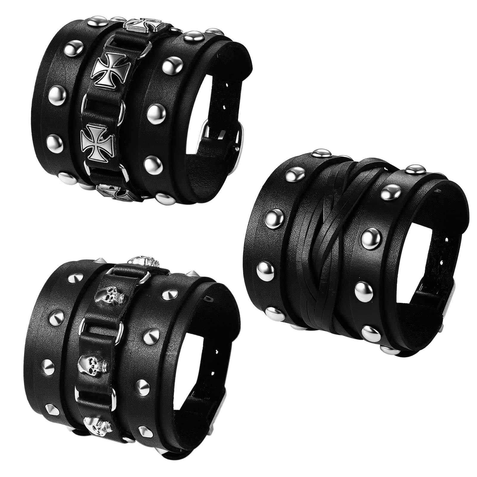 Flongo Bracciale da uomo in pelle, bracciale da forza, stile gotico, punk rock, bracciale a testa di morte da uomo con rivetto e bottone, bracciale da motociclista grande, regalo per uomo