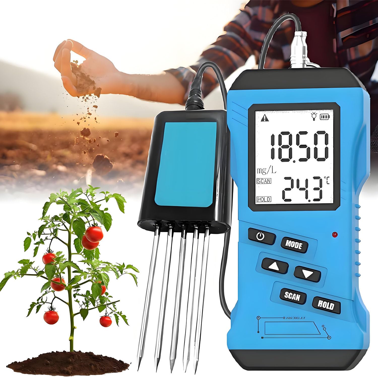 Rilevatore di Terreno Digitale Portatile 7 in 1, Tester di Terreno Multifunzionale, analizzatore NPK PH EC, con sensore di umidità e Temperatura,analizzatore di Terreno Portatile 7 in 1
