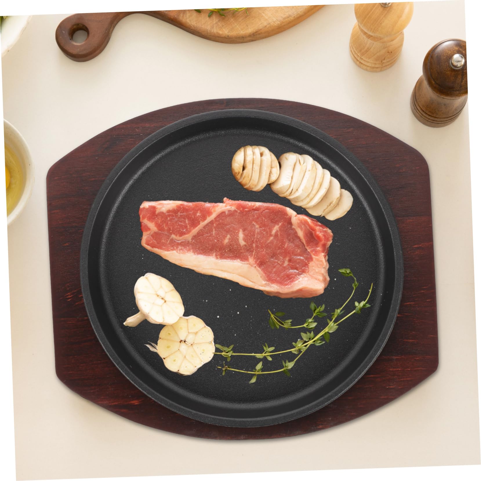 Padella per Bistecca Rotonda in Ferro con Vassoio in Legno