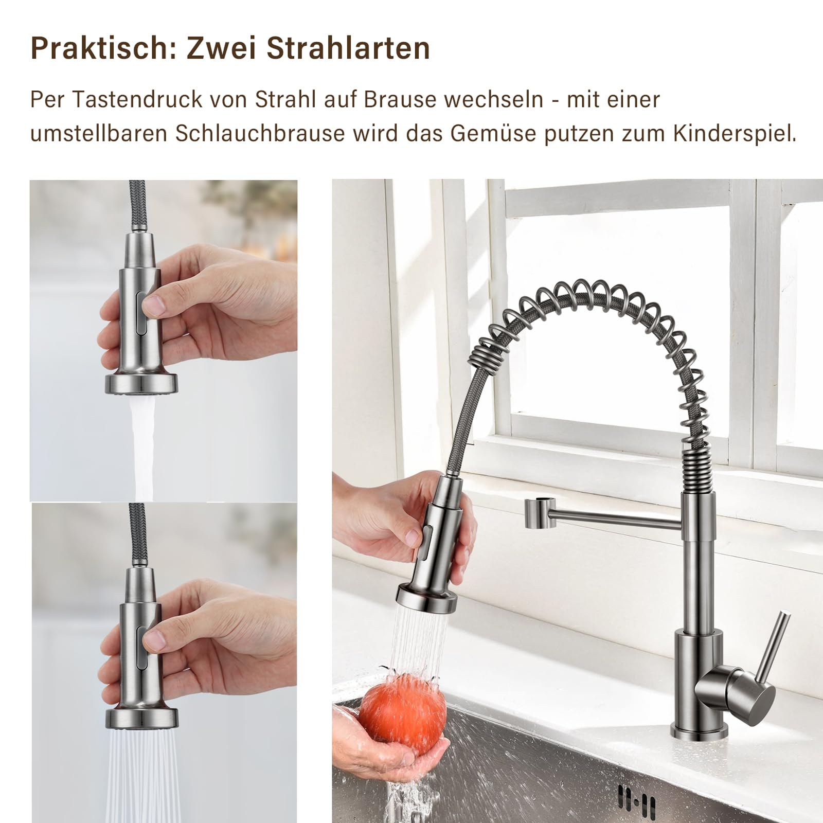 Grifo de cocina de alta presión, monomando, caño flexible con muelle en espiral, grifo de cocina con ducha extensible, acero inoxidable