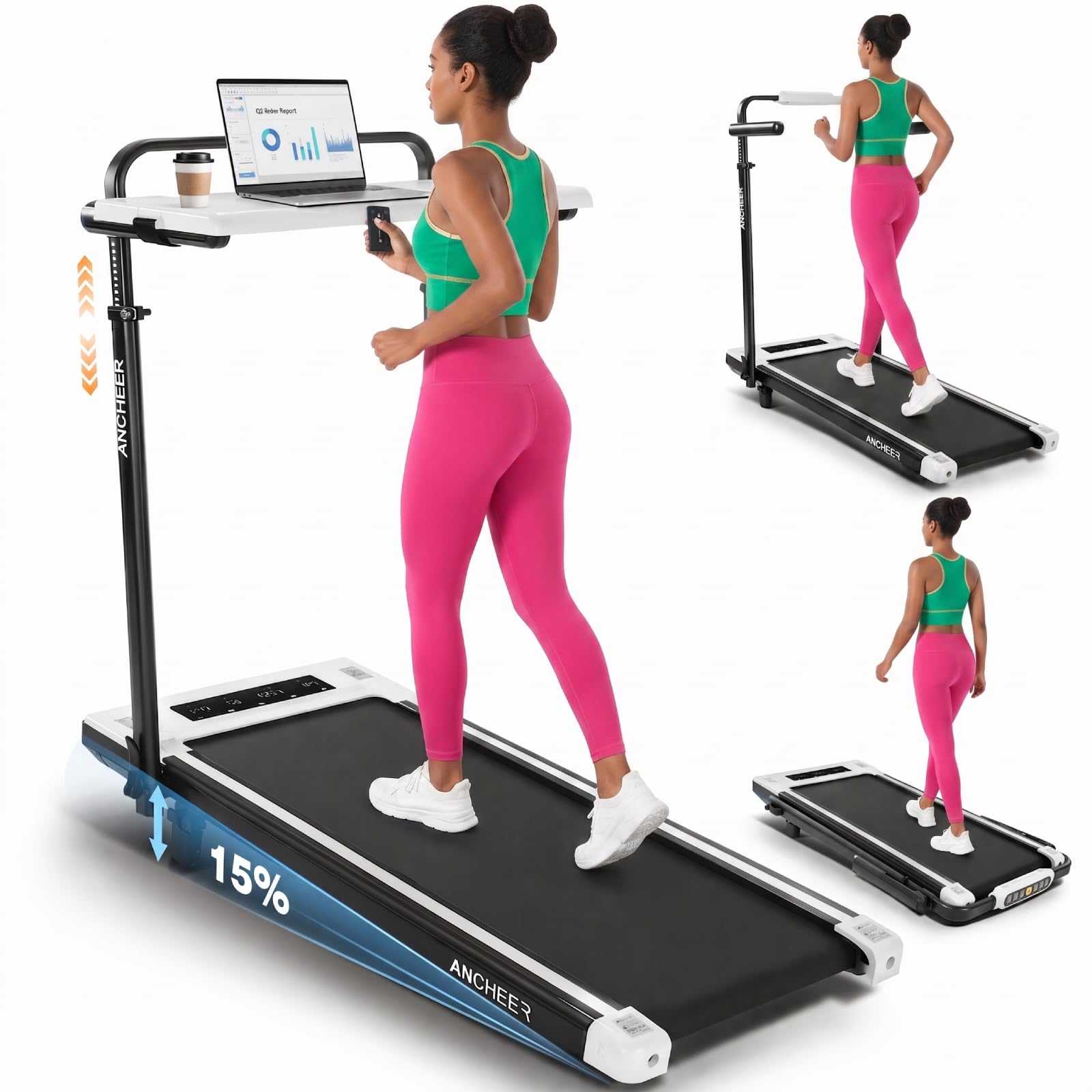 ANCHEER Walking Pad Treadmill with Desk, 3.5HP Foldable Treadmill with 15% Incline &amp; Handle Bar, Ultra-Quiet, 450LBS Capacity, Compact Treadmills for Home Office