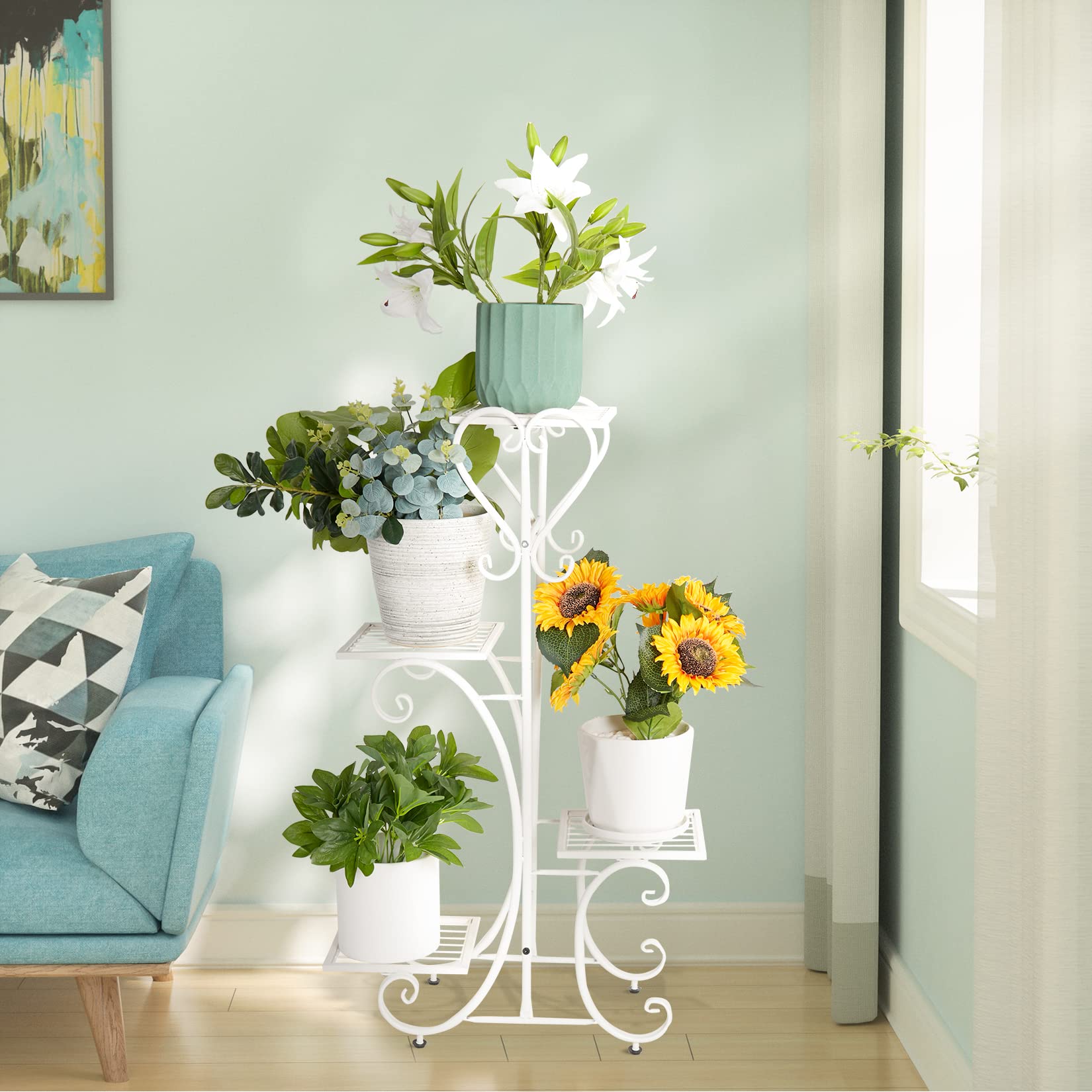 UNHO Espositore per Fiori Ferro: Bianco Verticale Supporto Fioriera in Metallico per Piante orchidee Scaffalatura per interni esterni per 4 Ripiani Scaffale Porta Piante Vasi in Ferro battuto