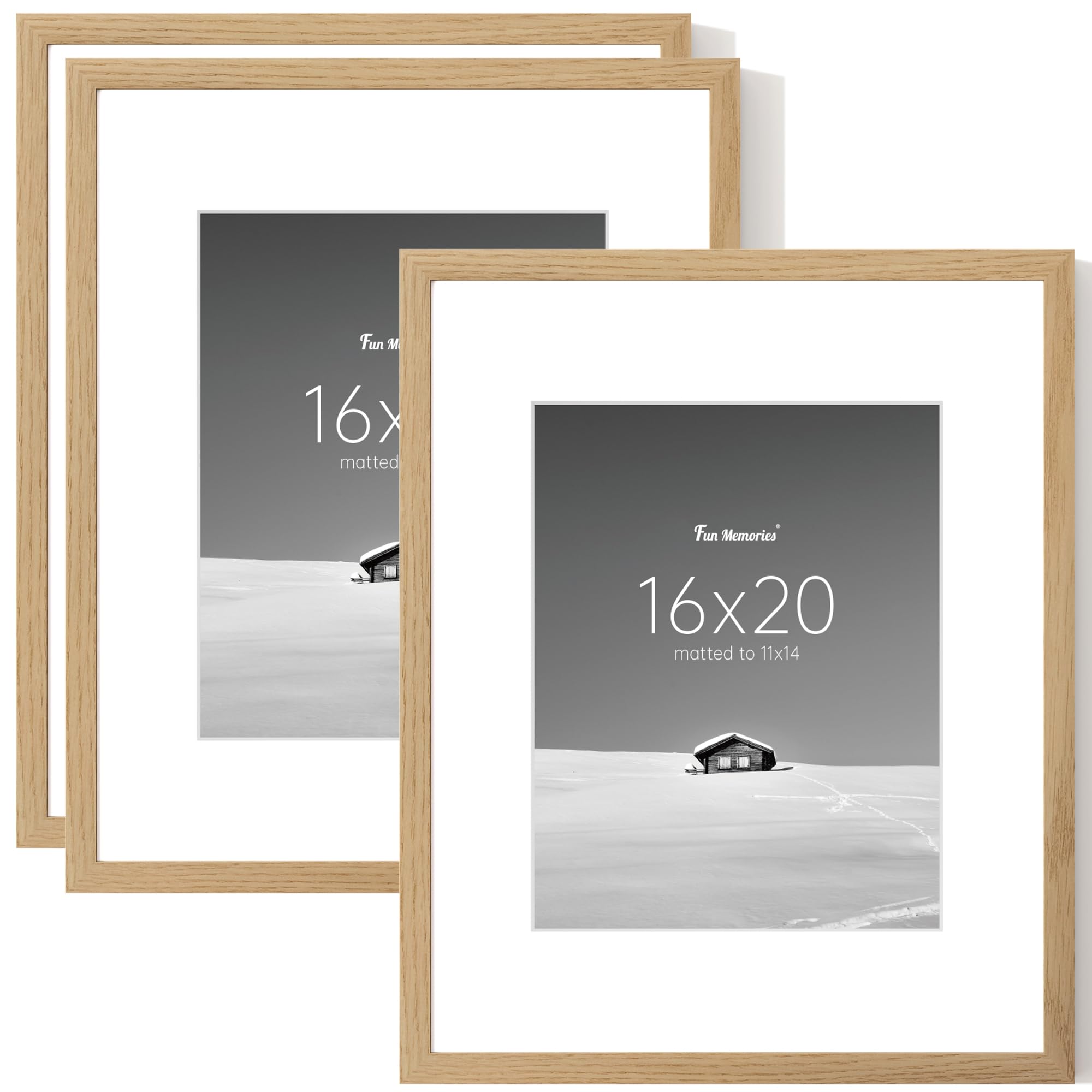 Fun Memories Picture Frame Set of 3, Display Pictures 11x14 with Mat or 16x20 Without Mat, Poster Frame for Wall Hanging Horizontally and Vertically, Natural