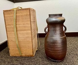 備前焼 春湖苑造 耳付花入 共箱 胡麻 桟切り 窯変 茶道具 花瓶 インテリア