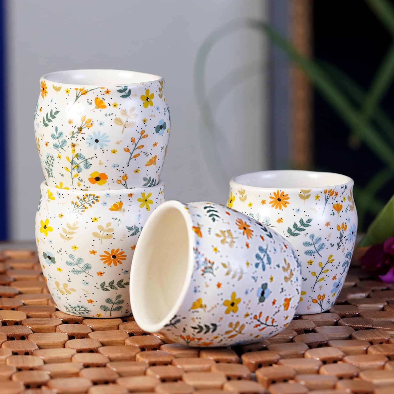 Hand-Painted Ceramic Sun-Floral Art kulhad Set of 4 Cups |kullad Tea Set | kulhad chai Cups | Hand Painted kulhad Coffee Mug, Multicolor((Microwave & Dishwasher Safe)