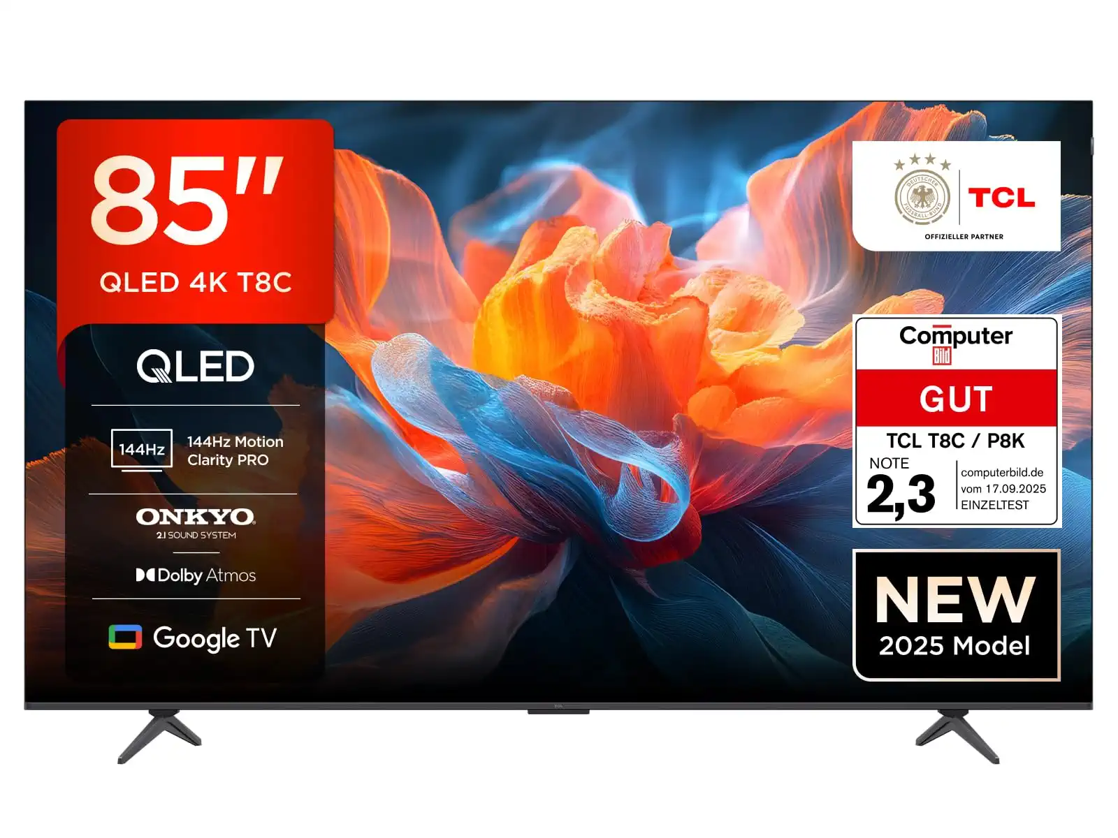 TCL 85T8C 85 Zoll QLED 4K HDR Ultra HD Fernseher, Smart TV mithilfe von Google TV (Dolby Vision Atmos, 144Hz Motion Clarity Pro, Game Bar, ALLM, FreeSync, Onkyo 2.1 Sound,Sprachsteuerung)
