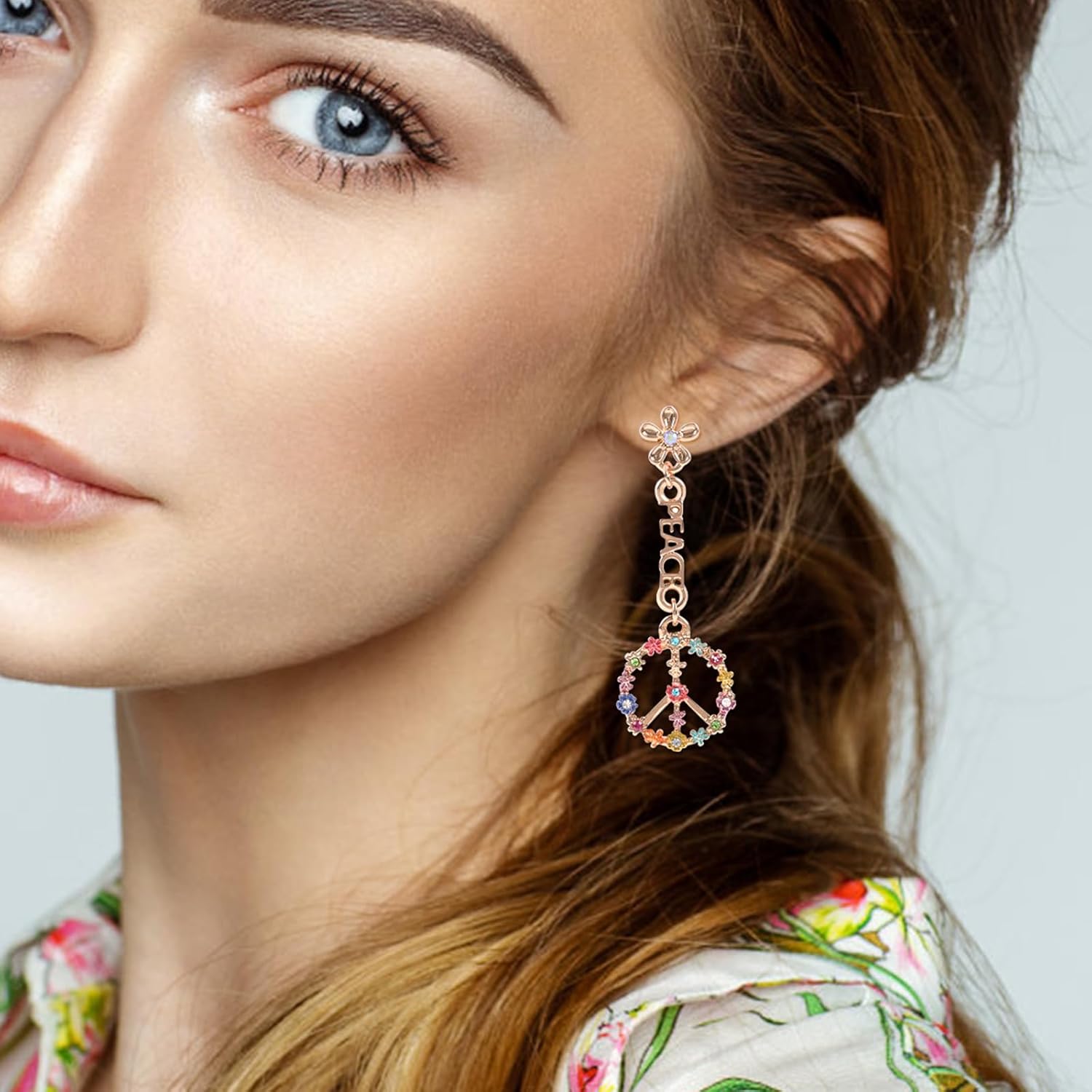 Peace Sign Earrings Heart Flower Diamond Drop Earrings for Women Girls, Zirconia Love Heart Pendant Dangle Earring, Silver Rose Gold Chain Birthday Valentines Day Jewelry Gifts - Image 5