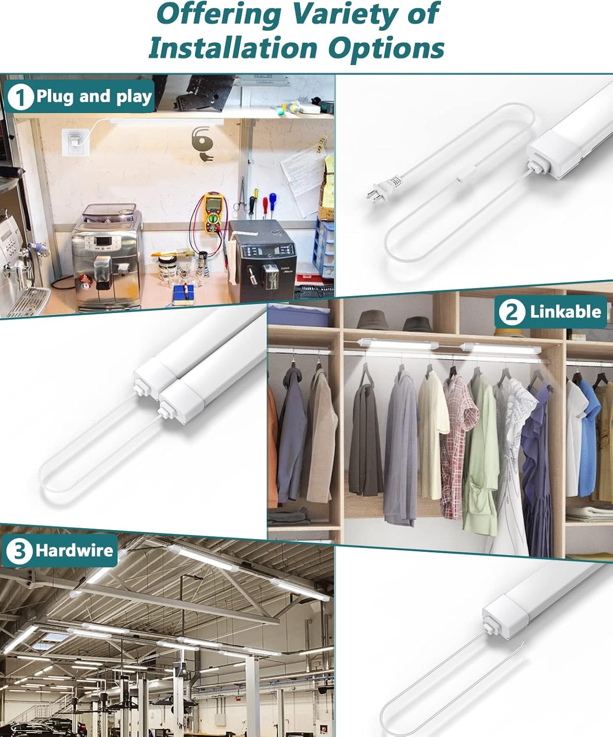 LED Tube Light Fixture with Plug, 1.4FT-2pcs 1800LM 5000K Utility Shop Light, Linkable Cabinet Light for Garage, Kitchen, Bathroom, Closet, Office - 1.4Ft, Triproof, White