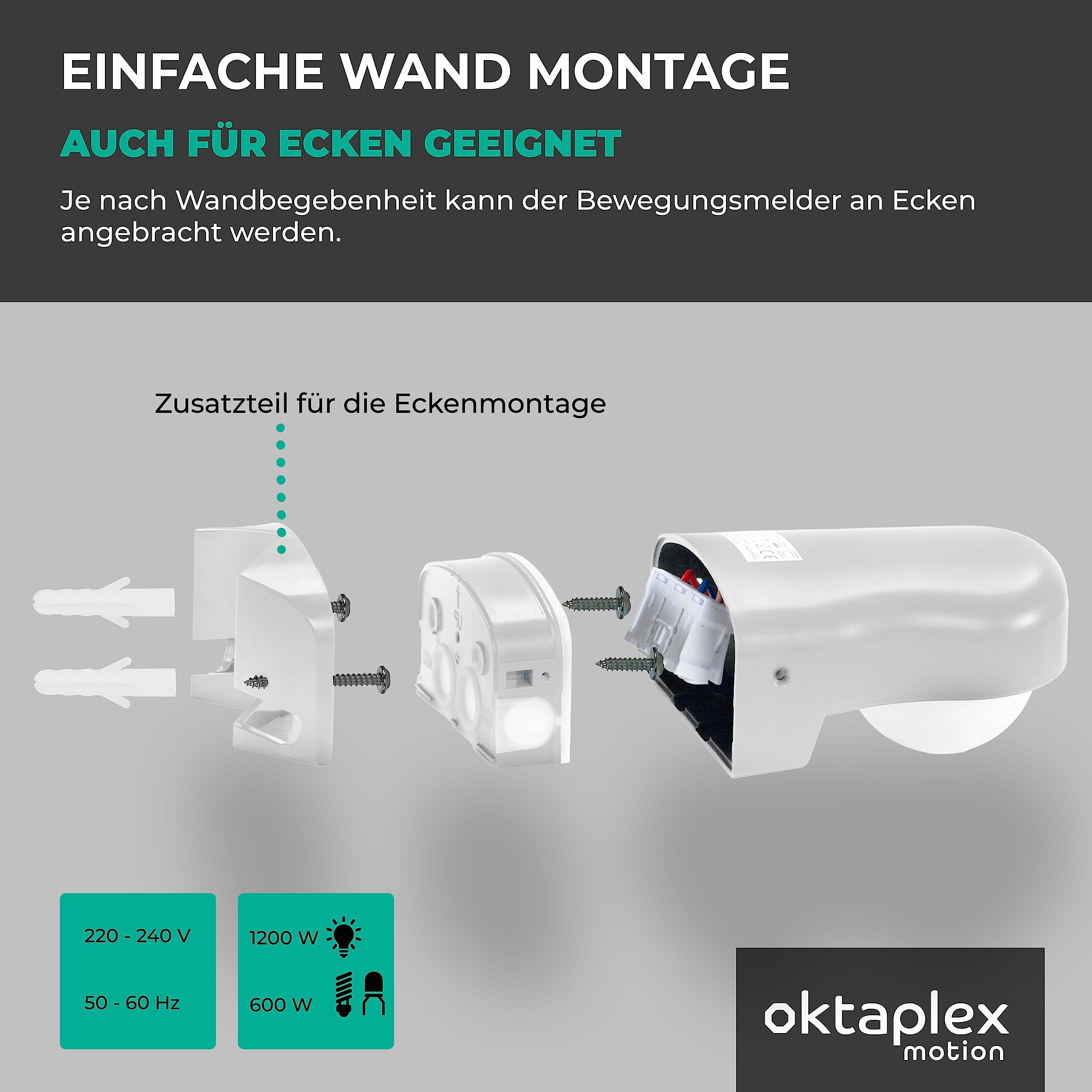 Oktaplex Set de 2 Don Sensor de Movimiento Exterior 230V IP65 240° Sensor infrarrojo Ajustable 10m de Alcance Blanco Incl. Soporte esquinero | IP65 240° Sensor infrarrojo ajustable 10 m incluye soporte de esquina de 230 V