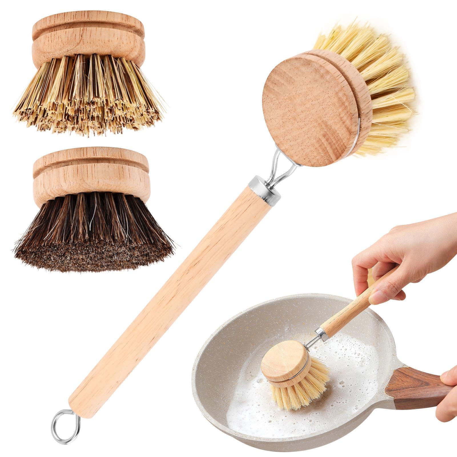 Juego de cepillos de bambú para platos, 1 mango de madera con 3 cabezales de cerdas naturales, cepillo multiusos de cocina con sisal y crin de caballo de palma para limpiar platos, sartenes y verduras
