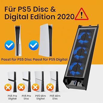 KIWIHOME Cooling Fan for PS5 with LED Improved Quiet Fan with 3 Fans and Controller USB Connection for PS5 Disc/Digital Edition Not Suitable for PS5 Slim (Black)