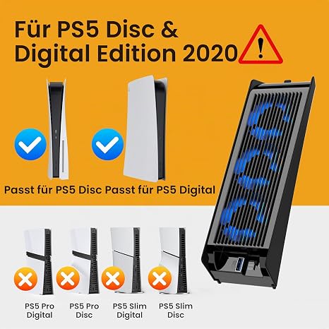 KIWIHOME Cooling Fan for PS5 with LED Improved Quiet Fan with 3 Fans and Controller USB Connection for PS5 Disc/Digital Edition Not Suitable for PS5 Slim (Black)