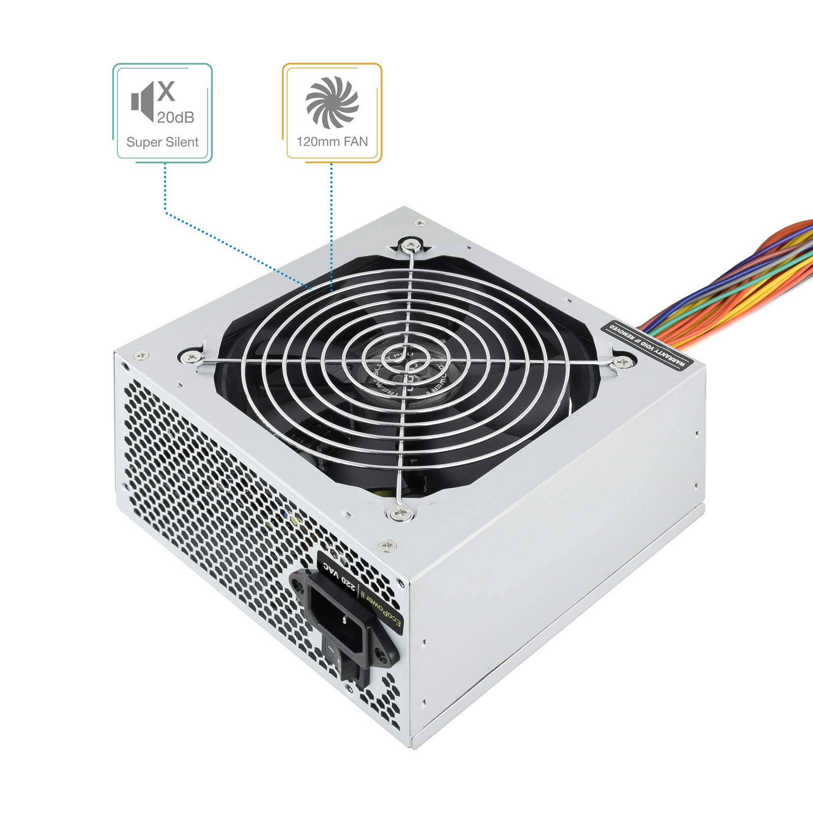 Tooq TQEP-500SSE - Fuente de Alimentacion Ecopower II de 500W con PFC Activo, Ventilador silencioso de 120mm con Control automatico de Velocidad, (ATX 12V V1.3, CE/RoHS, Color Plata) (Paquete de 2)