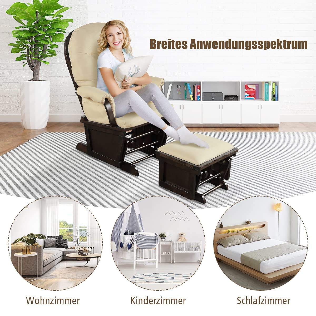 COSTWAY Schaukelstuhl Mit Hocker Beige - Gepolsterter Relaxsessel Bis 150kg Mit Massivholzrahmen