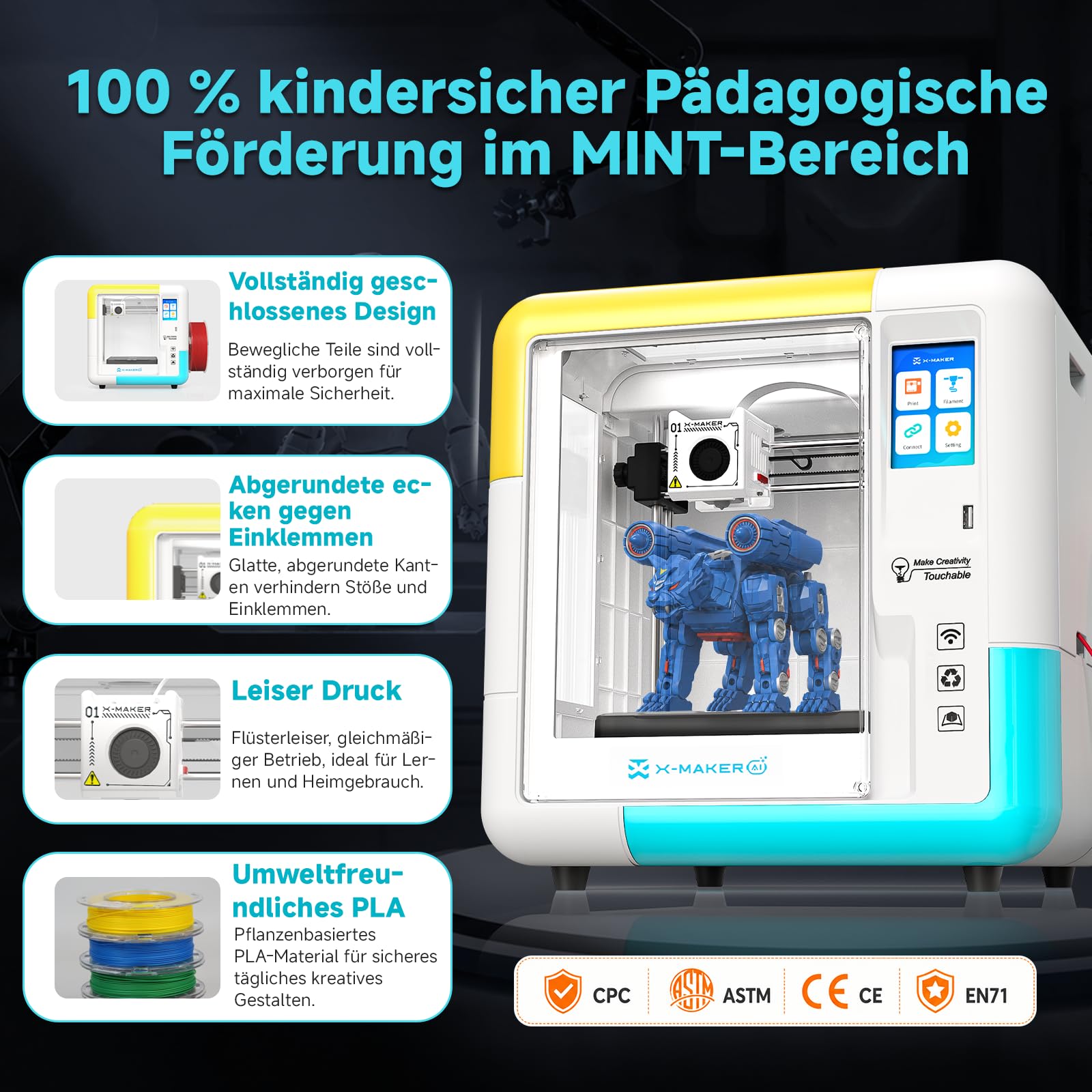 AOSEED X-Maker AI 3D-Drucker für Anfänger, Vollständig Geschlossen & Geräuscharm, KI-Design-App, 8000+ 3D-Modelle, WLAN-Verbindung, Sofort Einsatzbereit, inkl. 8-teiligem PLA-Filament-Set