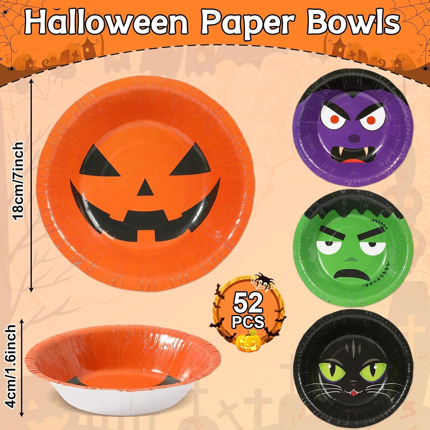 gisgfim 52 Pcs 16 oz Halloween Bowls Party Supplies Disposable Halloween Pumpkin Candy Snack Bowl Purple Black Green Orange Paper Dessert Bowls Decorations Favors for Holiday Party Picnic