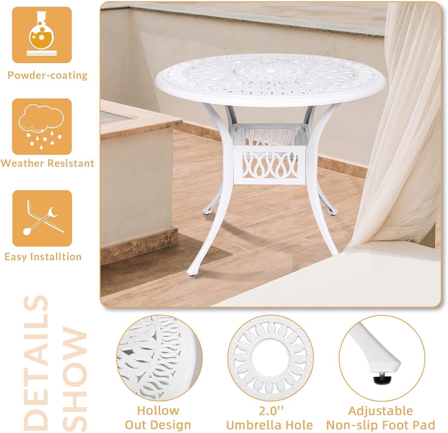 5 Piece Patio Dining Set, Outdoor Table and Chairs Set for 4 Cushioned Swivel Rocking Chairs and 35.4'' Round Table, All-Weather Cast Aluminum Patio Funiture Set, 2'' Umbrella Hole, White