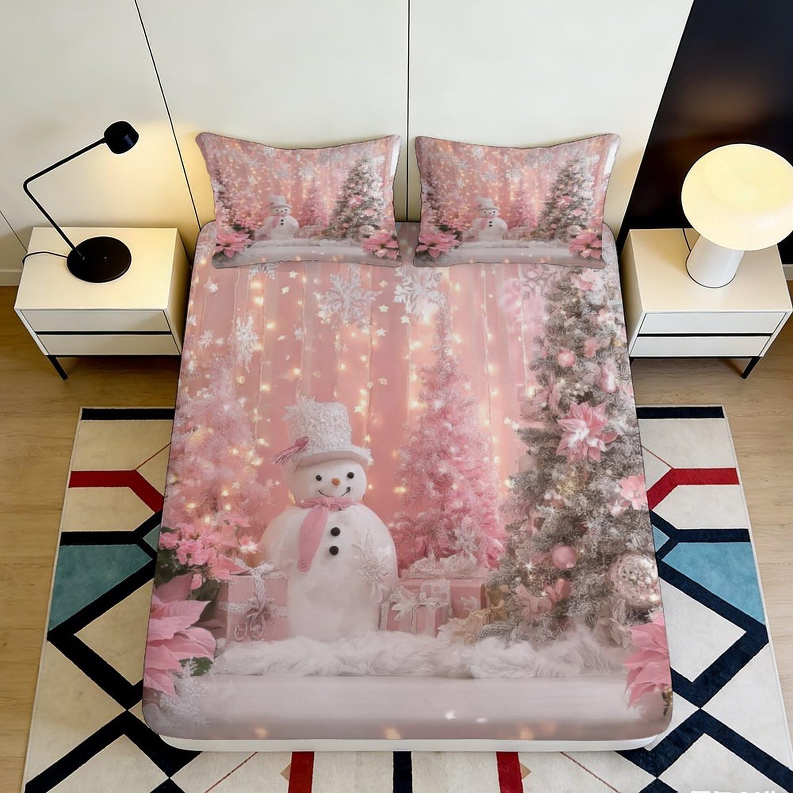 3D Printed Pink Snowman Fitted Sheet Microfiber Soft Christmas Tree Bed Cover for Bedroom Guest Room Decor 90x200x25cm