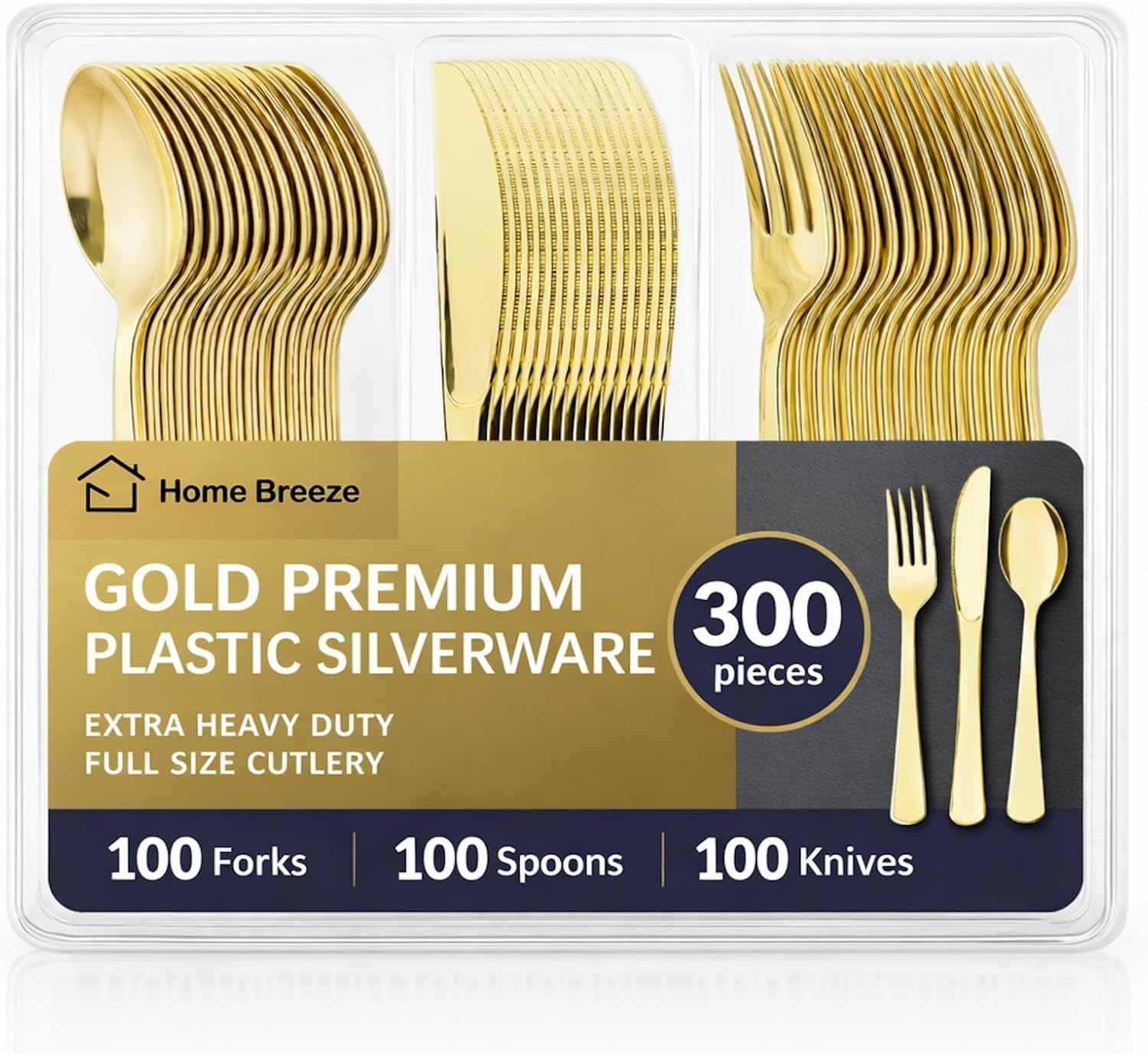300 Pack Premium Heavy Duty Gold Plastic Silverware, 100 Forks, 100 Spoons, 100 Knives, For Parties, Dinners and Weddings, BPA-Free, Disposable Plastic Cutlery Dinnerware Utensils Set