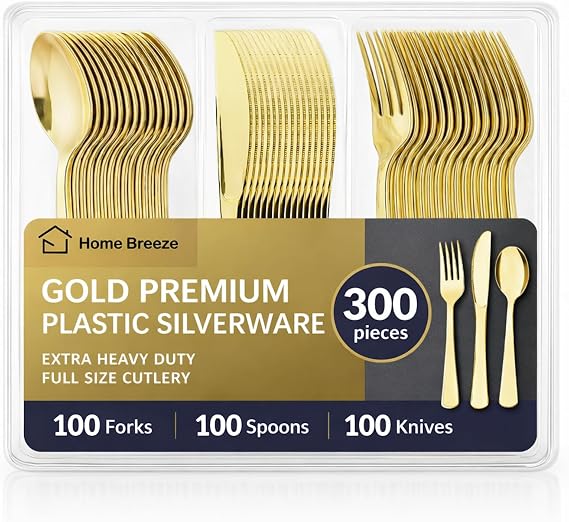 300 Pack Premium Heavy Duty Gold Plastic Silverware, 100 Forks, 100 Spoons, 100 Knives, For Parties, Dinners and Weddings, BPA-Free, Disposable Plastic Cutlery Dinnerware Utensils Set