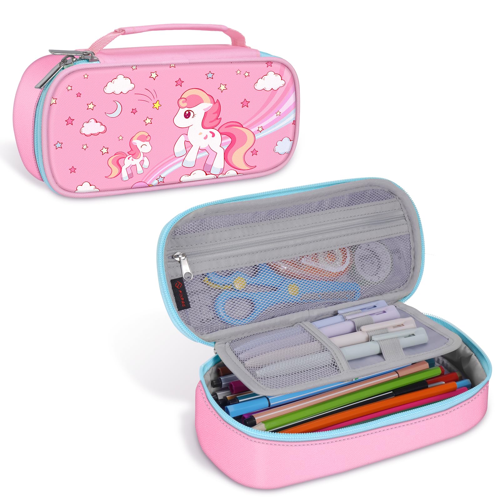 FINPAC Large Capacity Pencil Case with Built-in Pen Slot, Rainbow Horse