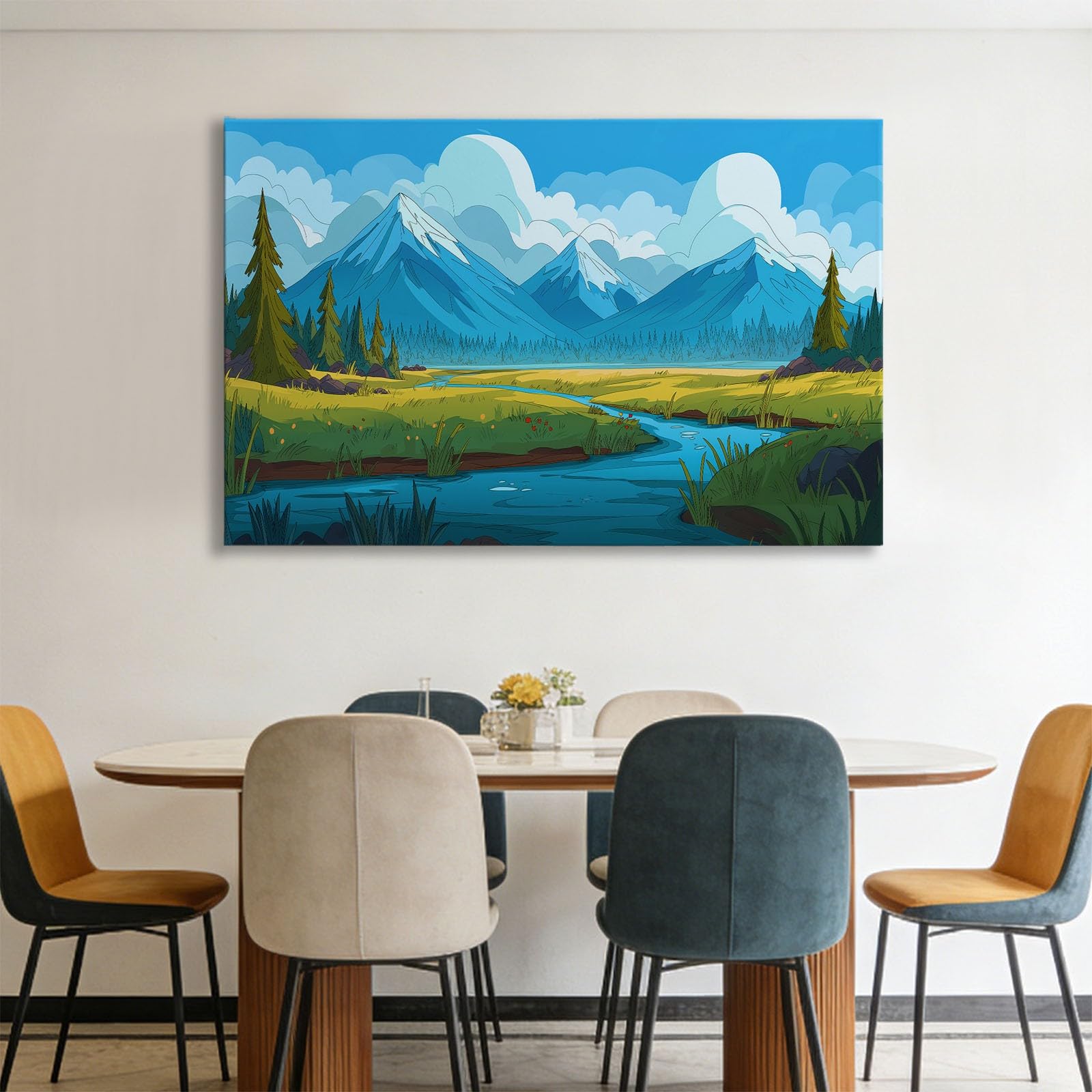 Generisch Cartoon Natürlich Schneeberge Fluss Modernes Leinwandbild 120L x 80B cm mit Rahmen, Eisblau XXL Wanddeko für Wohnzimmer Geschenk Idee Einzug - Hochwertiger Kunstdruck auf Holzrahmen