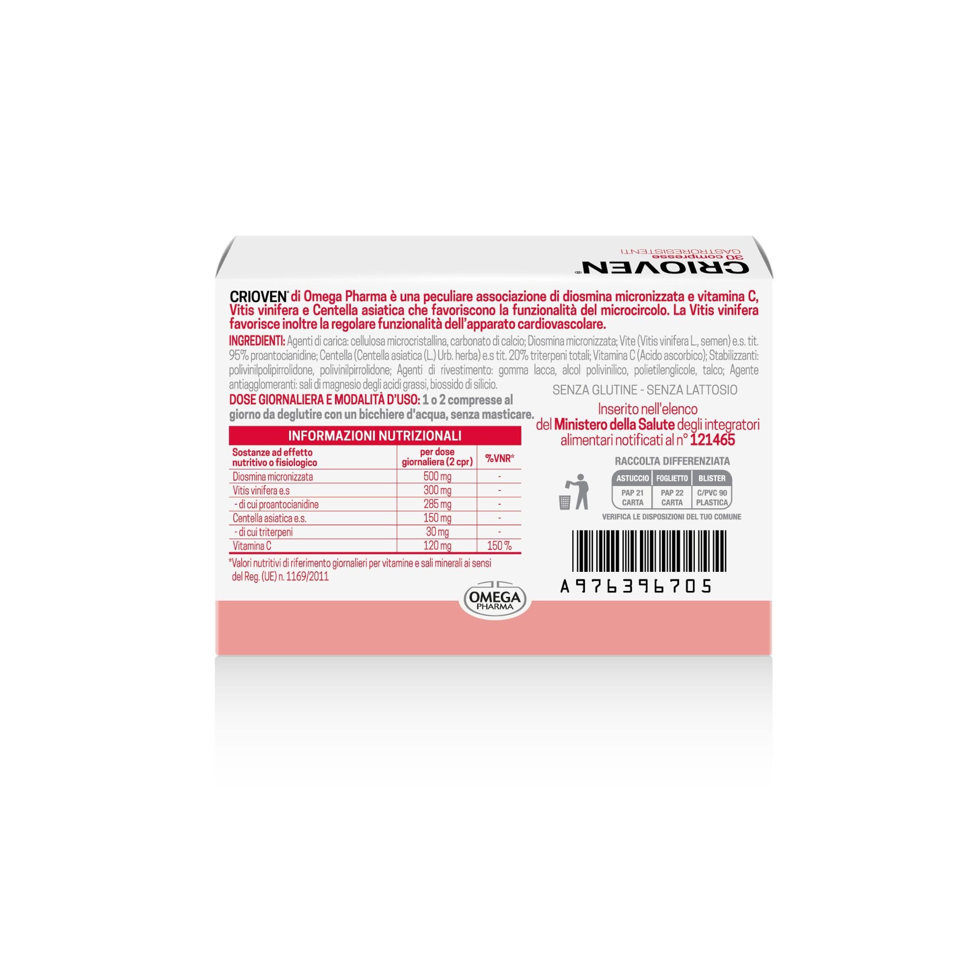 Omega Pharma - Crioven, Integratore Alimentare con Diosmina e Vitamina C, Utile per Migliorare la Funzionalità del Microcircolo - 30 Compresse