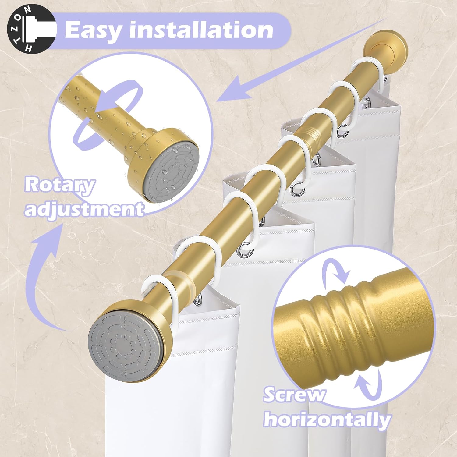 2Pack Gold Shower Curtain Rod 33 to 72Inch:Spring Tension Shower Rods for Bathroom Kitchen Doorway,Heavy Duty Adjustable Tension Shower Curtain Rod No Drilling No-Slip Easy Install,Matte Gold