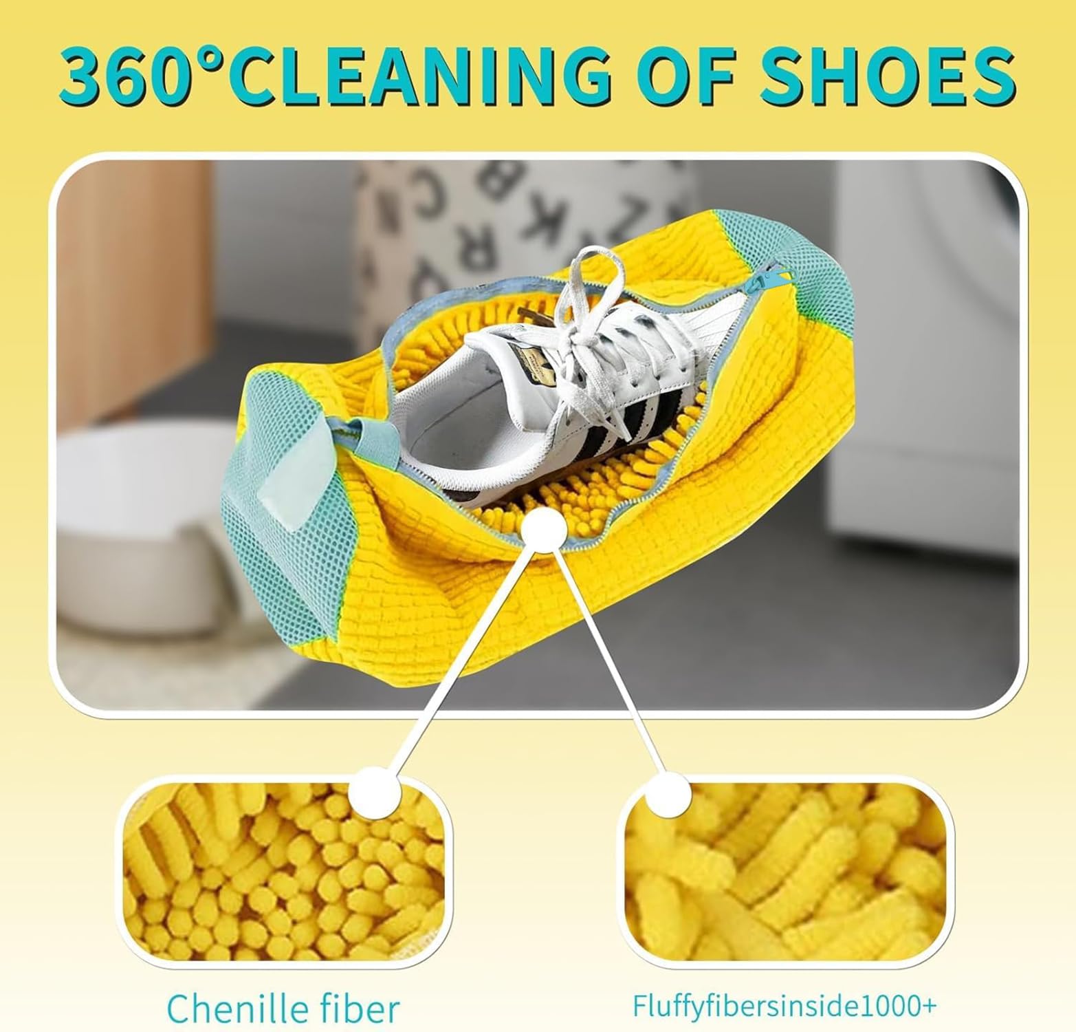 Bolsa Lavadora Para Zapatillas - 2 Unidades Reutilizables Con Cepillo De Chenilla, 39x19 Cm, Ideal Para Lavadora, Color Amarillo