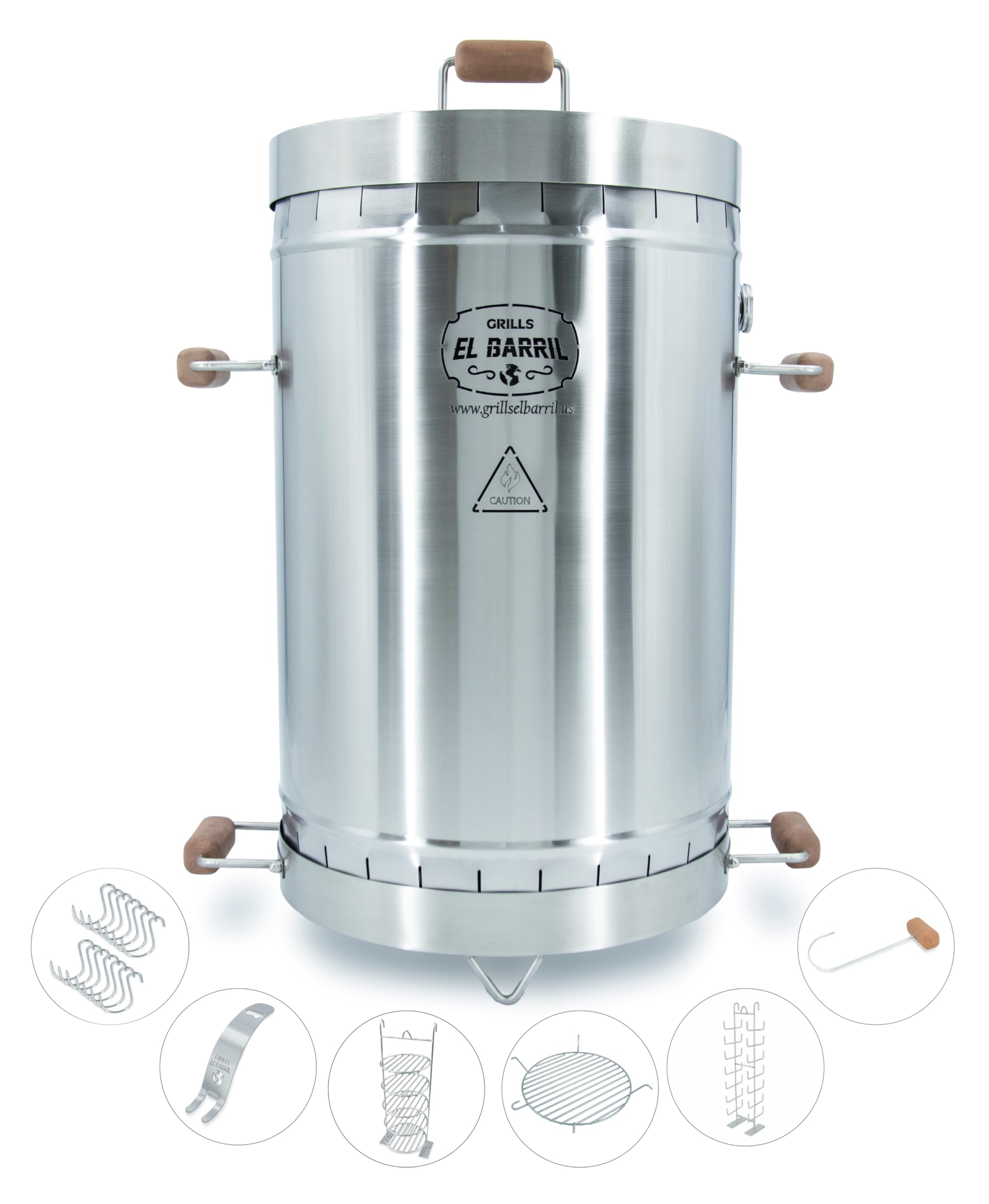 EL BARRIL 45lbs Grill & Smoker Barrel, Stainless Steel Charcoal Smoker Grill – Portable Outdoor Smokers with Even Heat Distribution & Grilling Accessories