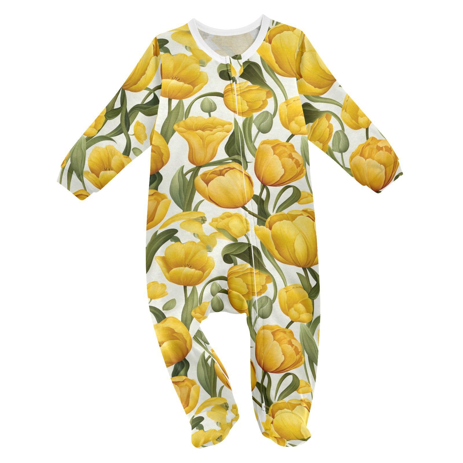 J JOYSAY Tulips Yellow Flowers Baby One-Piece Footies Cotton Newborn Footie Pajamas Romper One-Piece Footies for Baby Girl 9M
