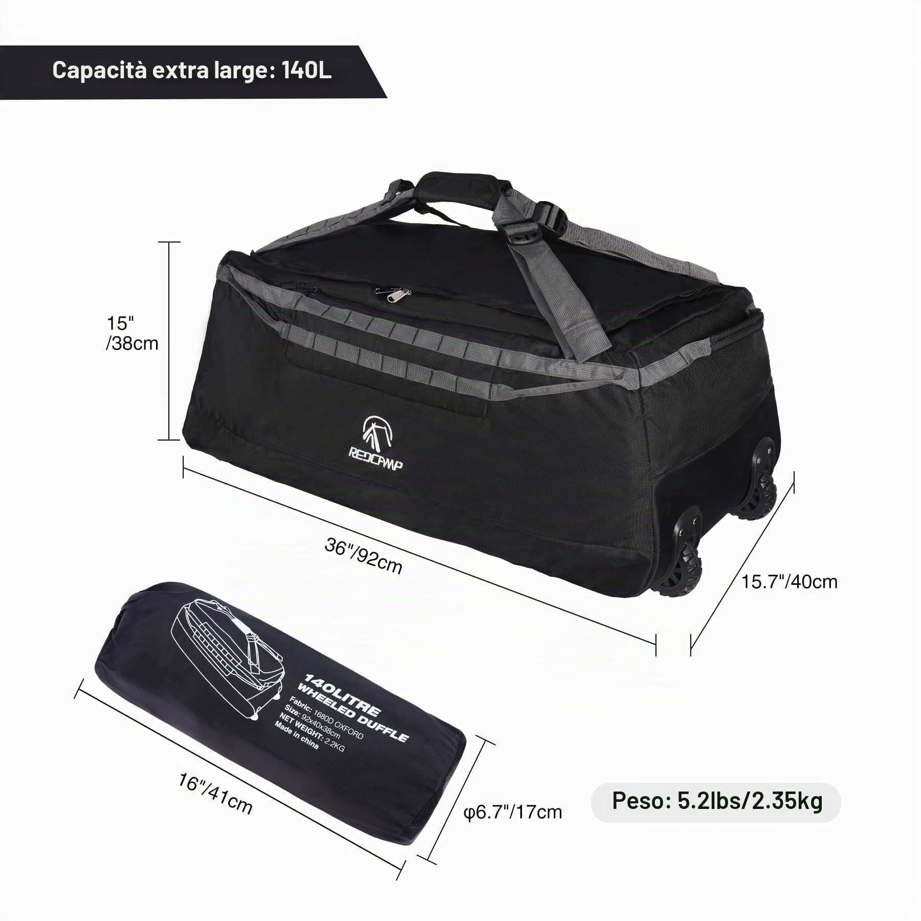 REDCAMP Borsone da viaggio con ruote, grande bagaglio pieghevole da viaggio con rulli, 140 l, nero, 140l