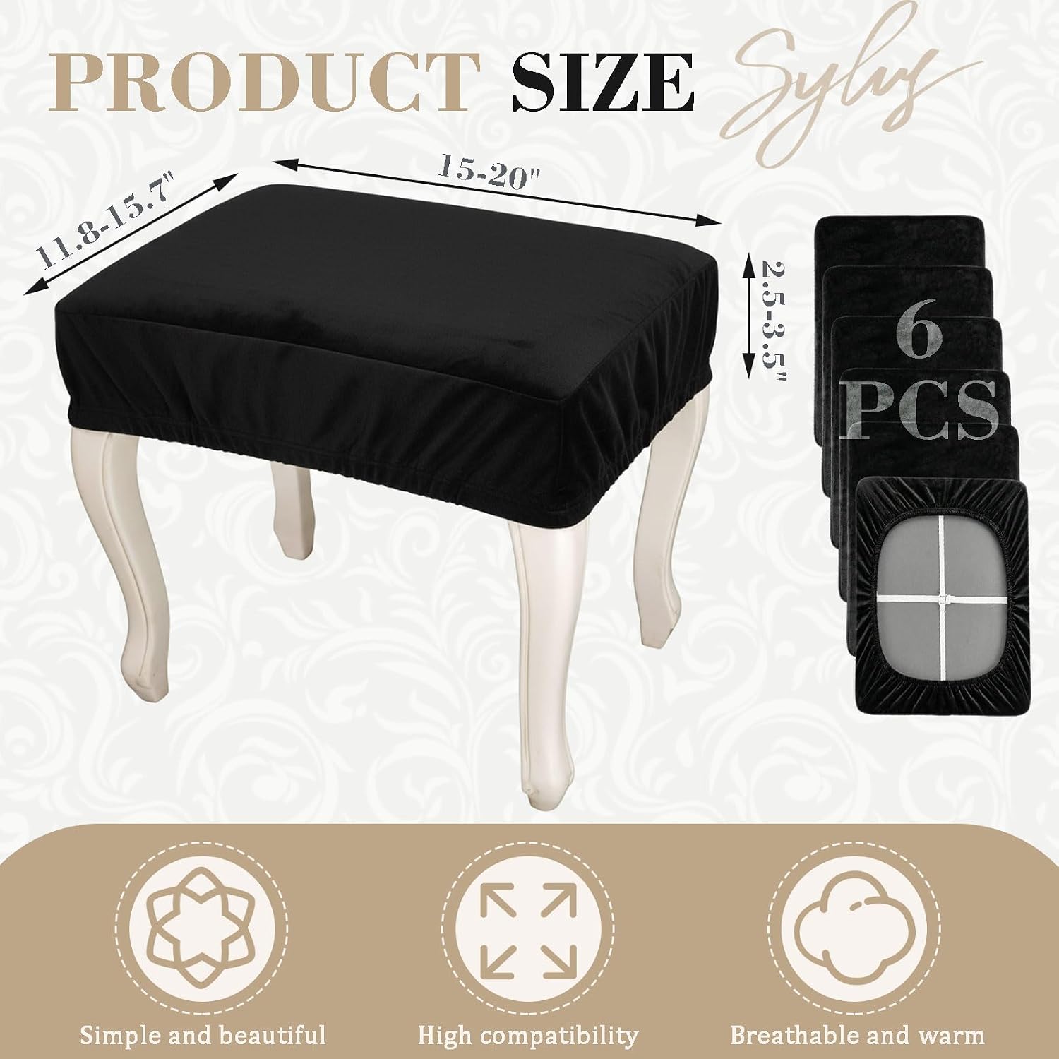 Gilprop 6 Pcs Soft Velvet Bar Stool Covers with Crisscross Straps (15"- 20") L x (11.8"- 15.7") W Vanity Chair Cover Square Bench Stool Cover Stretch Washable Saddle Seat Stools Slipcover, Black